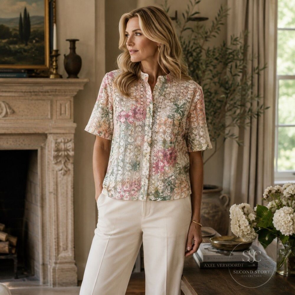 Susan Graver Floral Lace Crochet Blouse Women L Button Front Cottage Romantic